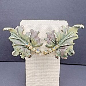 Vintage BSK Green Enamel Leaf Clip On Earrings Aurora Borealis Crystal Accents